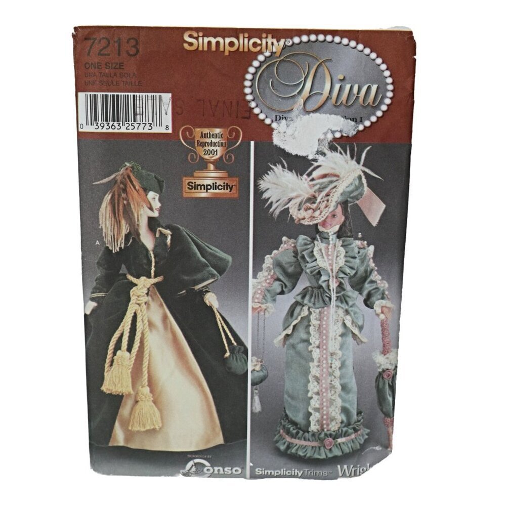 Simplicity 7213 Sewing Pattern Barbie Historical Dress Pattern Fashion Doll Gown
